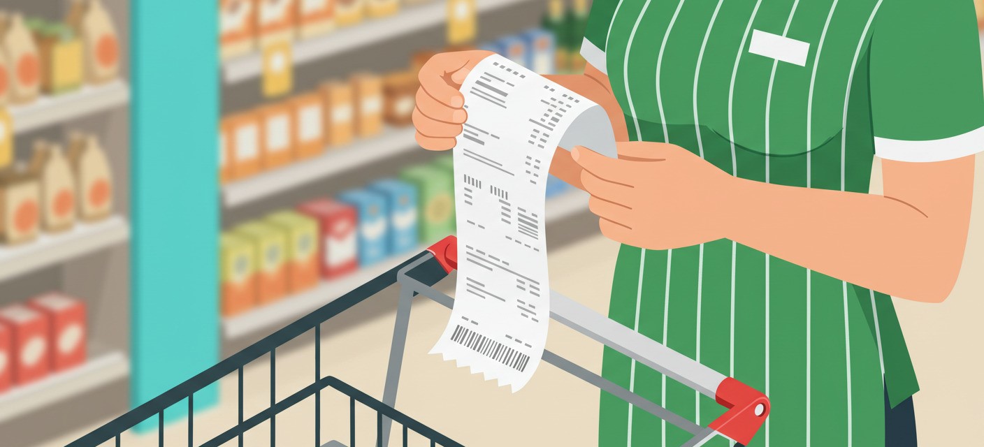 blog image grocery store with well-stocked shelves filled with fresh produce, canned goods, and household essentials. Promotional sale tags and discount