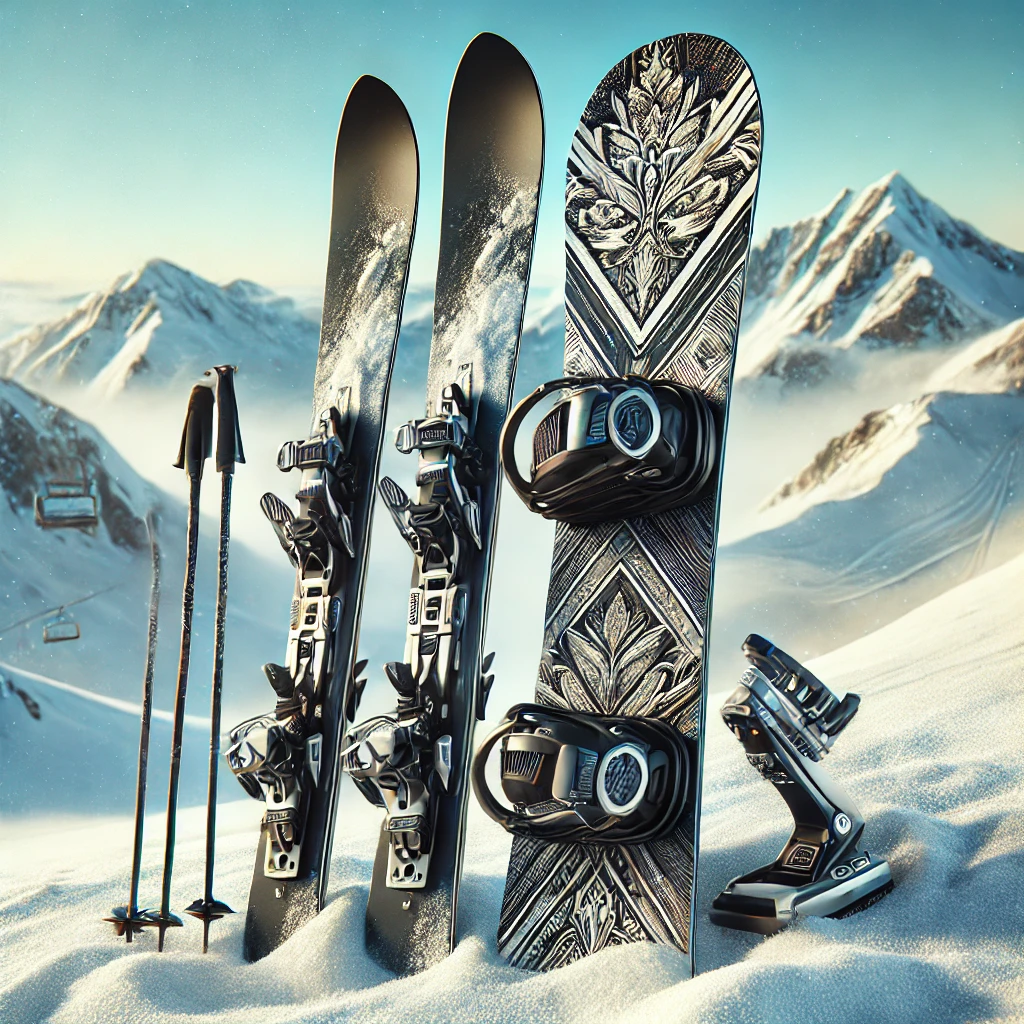 skis and snowboard standing in the snow