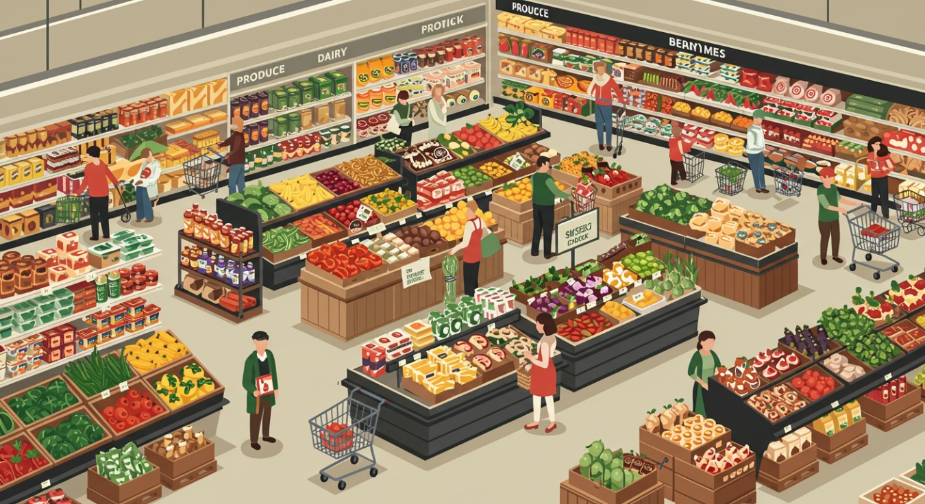 ilustracija: velik supermarket, izdelki, kupci