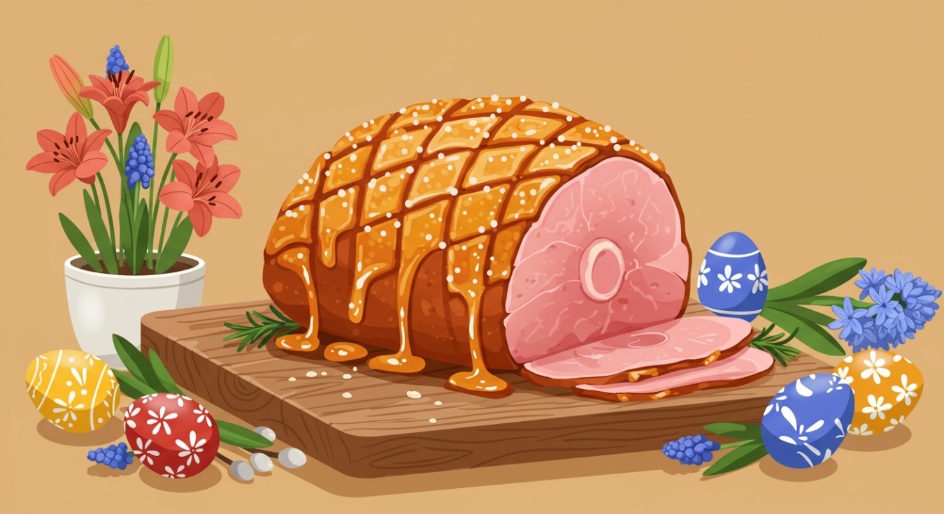 ilustracija: velikonočna šunka, rože in jajca
