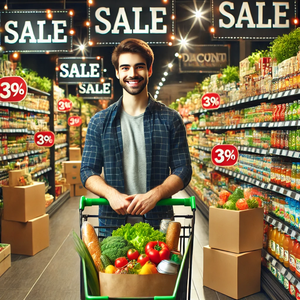 grocery store with well-stocked shelves filled with fresh produce, canned goods, and household essentials. Promotional sale tags and discount