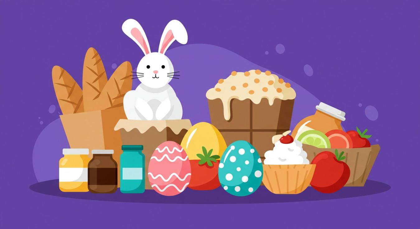 illustration: Easter food - desserts, eggs, bread and rabbit