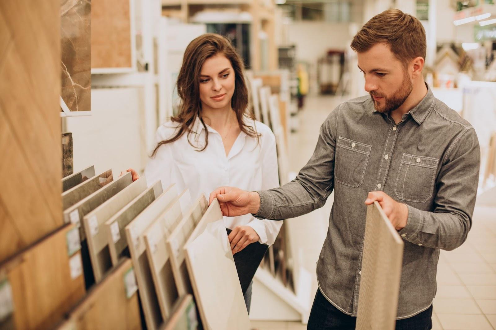 young couple choosing tiles building market