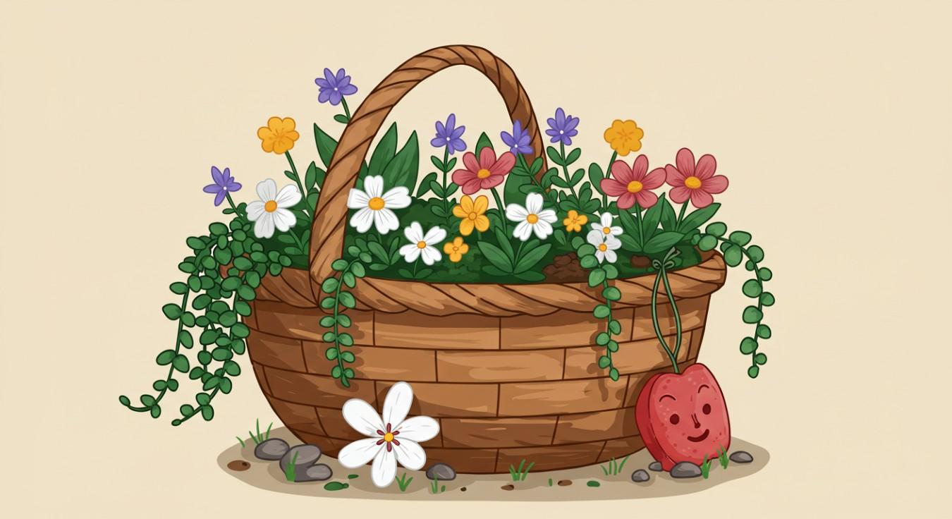 illustration: basket with flowers and plants