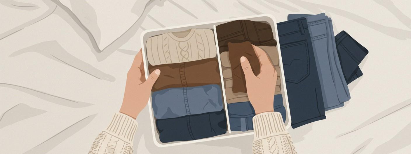 close up hands holding box of clothes: jeans and sweaters