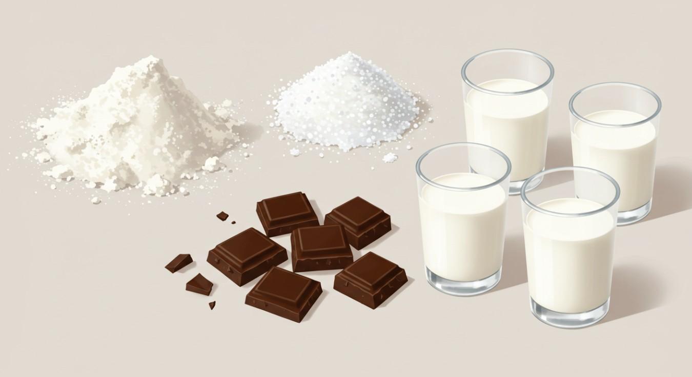 baking ingredients: flour, sugar, chocolate, milk in glasses