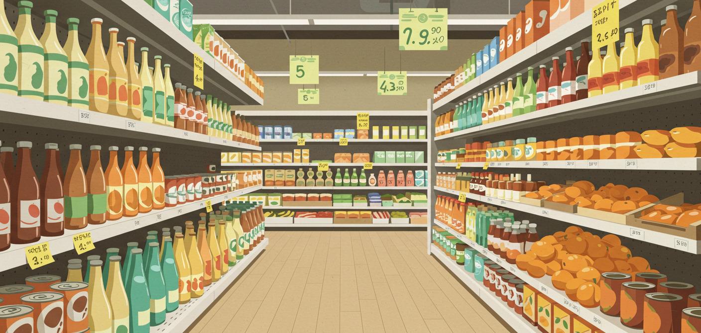 Supermarket interior with shelves of beverages and fruits