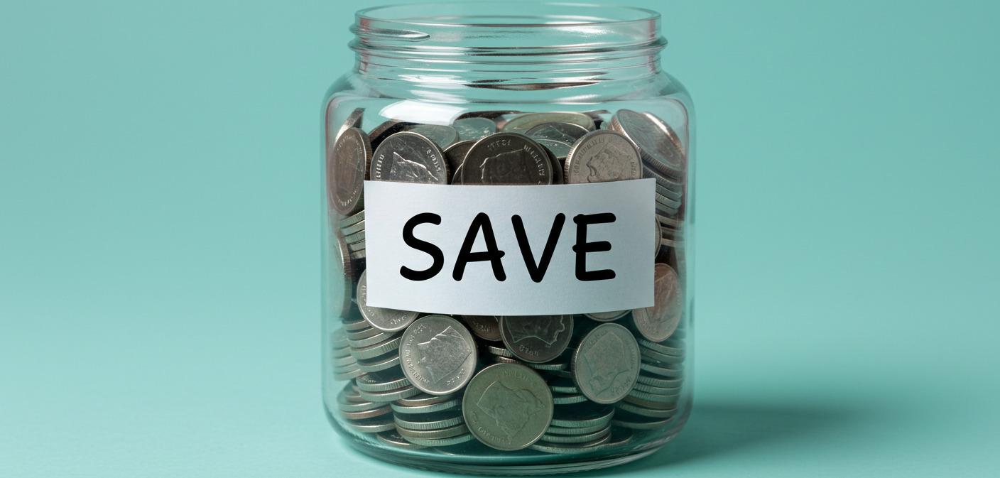 Glass bank with coins and inscription SAVE associating savings