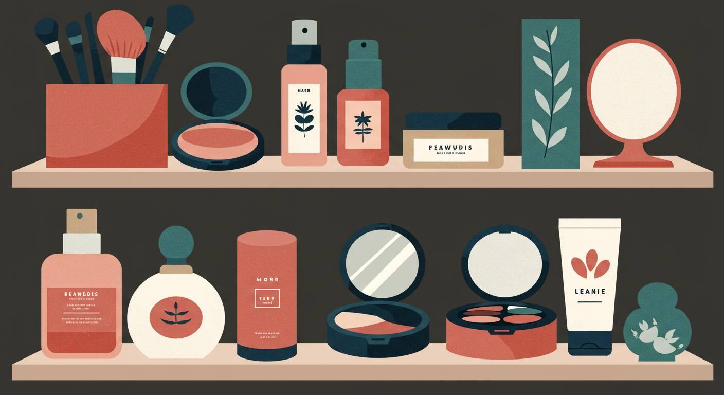 ilustracija: kozmetika in parfumi na policah