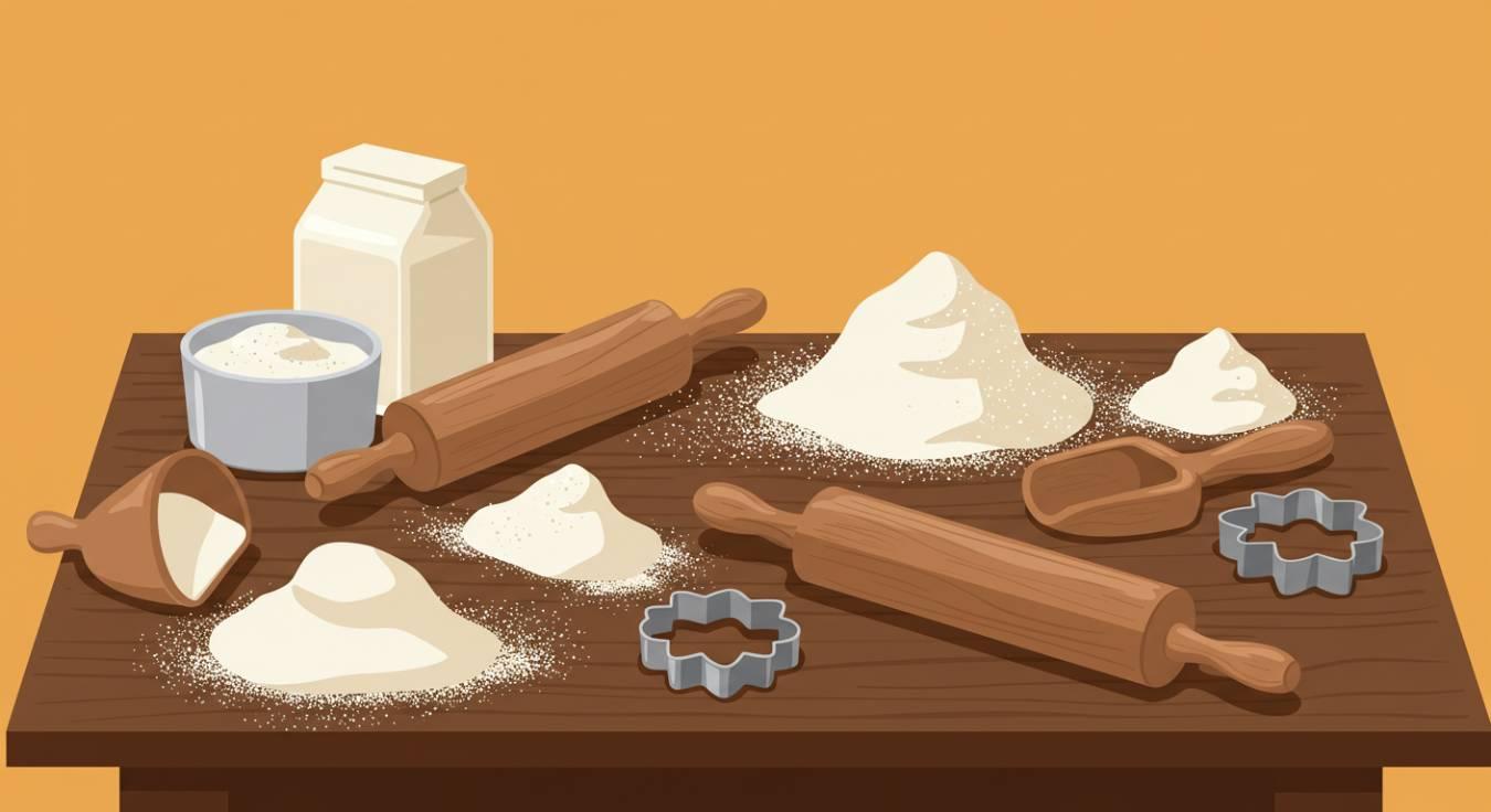 table with baking supplies - flour on the table, rolling pin, etc.