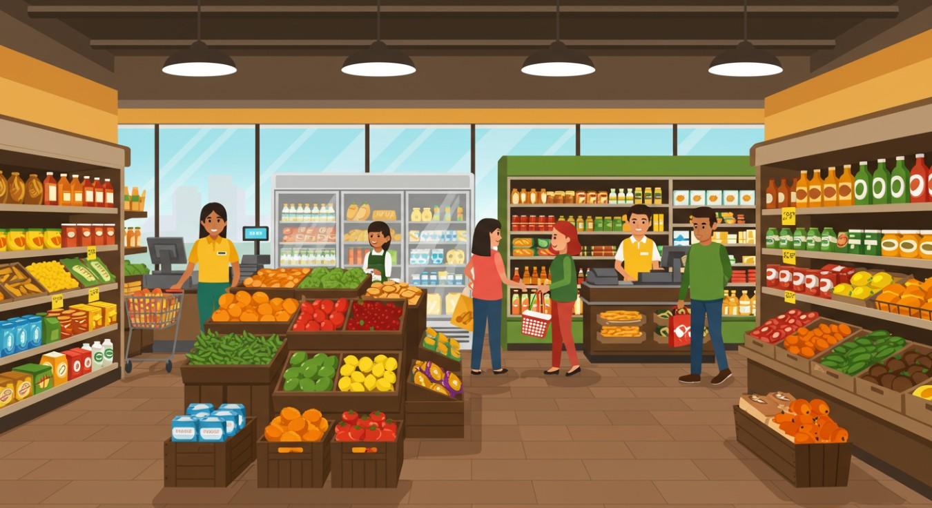 illustration: grocery store, products, shoppers