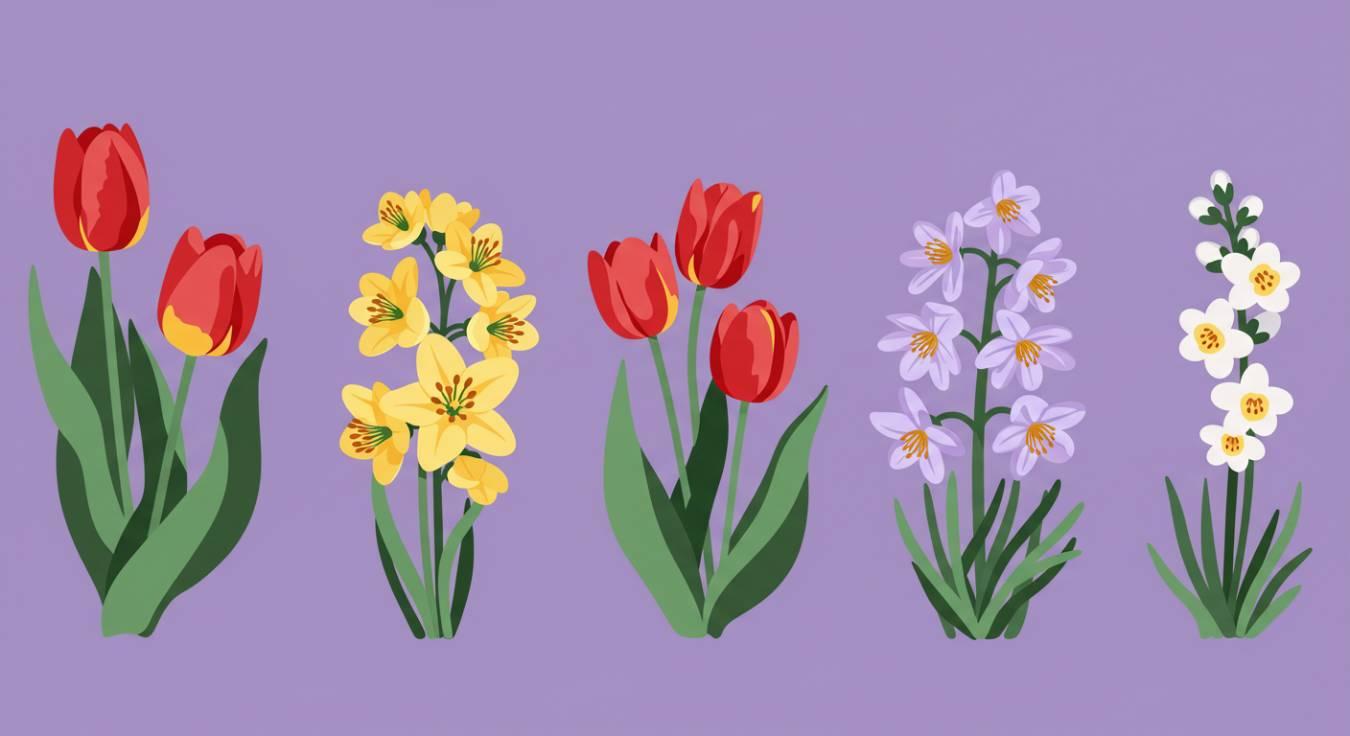 ilustracija: različne vrste spomladanskega cvetja - tulipan, lilija in drugo